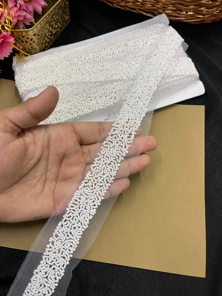 Handmade Pearl Work Embroidery Lace Border - White